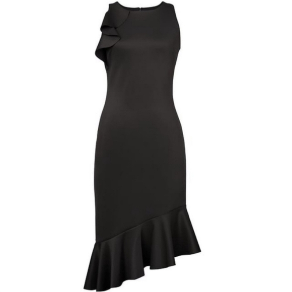 Banana Republic Black Asymmetrical Flounce Dress Scuba Midi Size 12 NWT - Picture 4 of 14